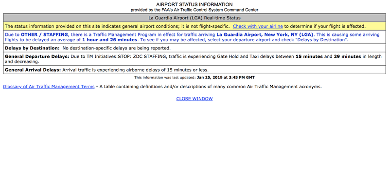 Screenshot of the FAA website providing LGA status information.